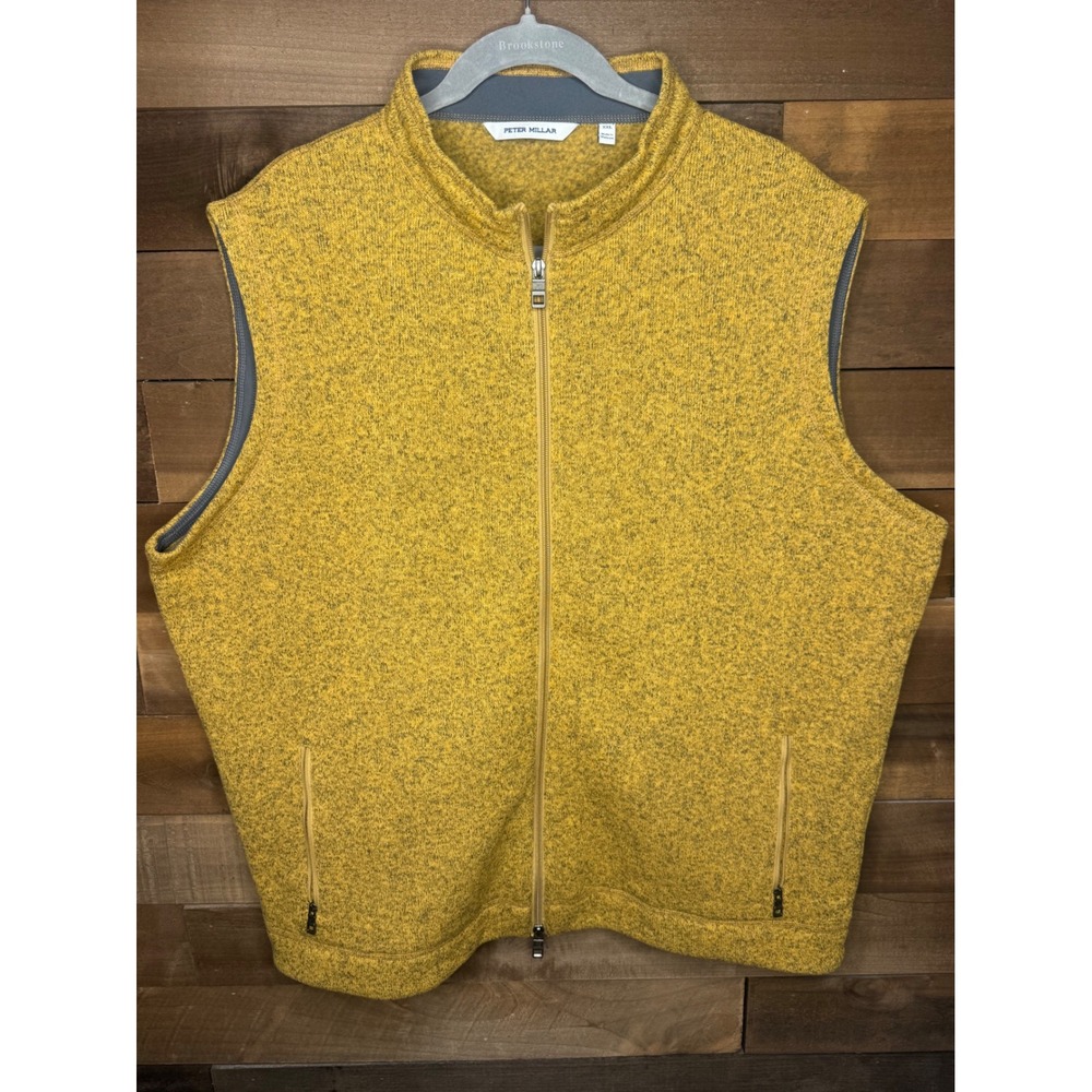 Peter Millar Mens XXL Mustard Yellow Marl Full Zip Sweater Vest Mock Neck Knit